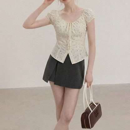Short-Sleeve V-Neck Dotted Crop Top