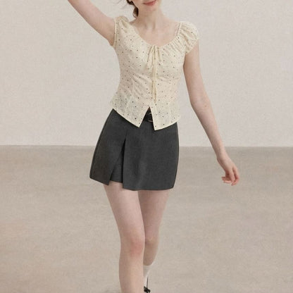 Short-Sleeve V-Neck Dotted Crop Top