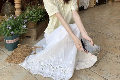 Short-Sleeve Ribbon Accent Plain Blouse / High Waist Maxi A-Line Skirt