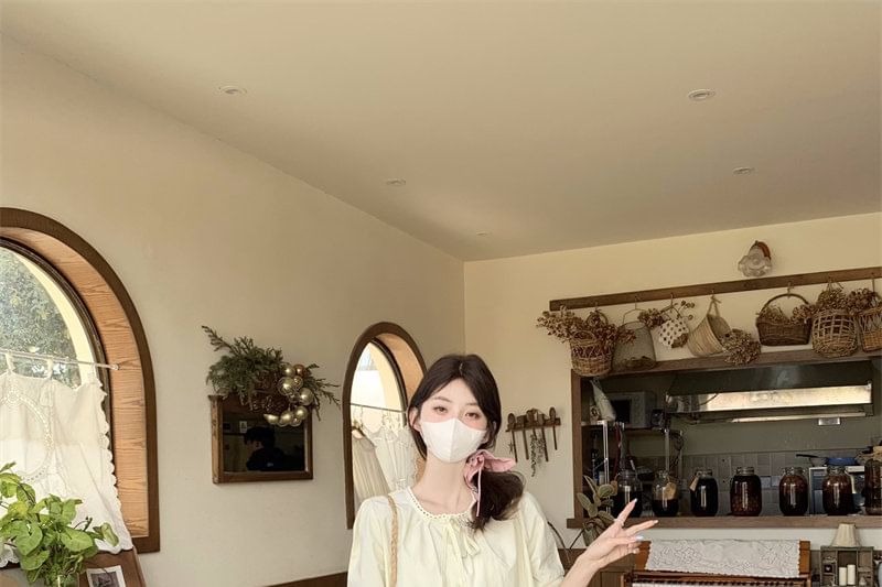 Short-Sleeve Ribbon Accent Plain Blouse / High Waist Maxi A-Line Skirt