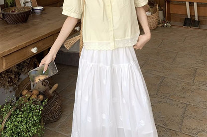 Short-Sleeve Ribbon Accent Plain Blouse / High Waist Maxi A-Line Skirt