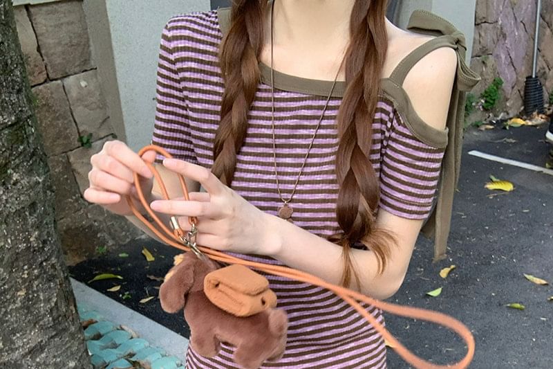 Short-Sleeve Off Shoulder Striped Knit Top