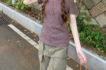 Short-Sleeve Off Shoulder Striped Knit Top