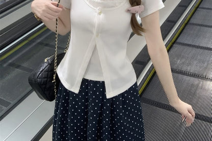 Short-Sleeve Scoop Neck Button-Up Crop Knit Top