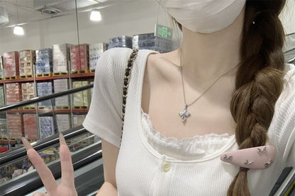Short-Sleeve Scoop Neck Button-Up Crop Knit Top