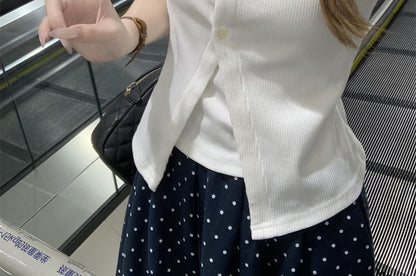 Short-Sleeve Scoop Neck Button-Up Crop Knit Top