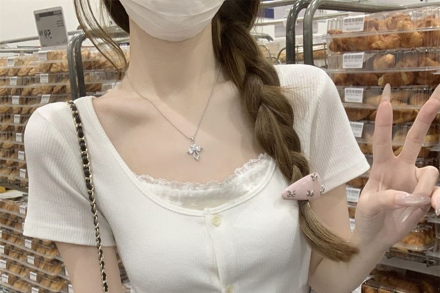Short-Sleeve Scoop Neck Button-Up Crop Knit Top