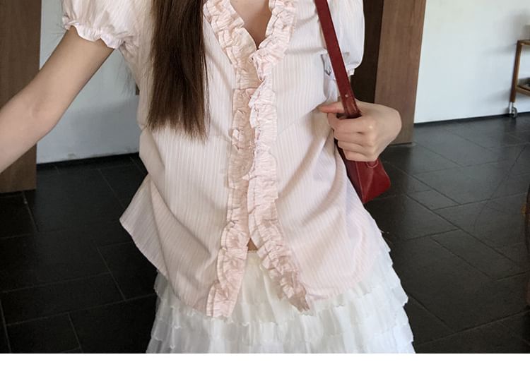 Short-Sleeve Frill Trim Striped Blouse