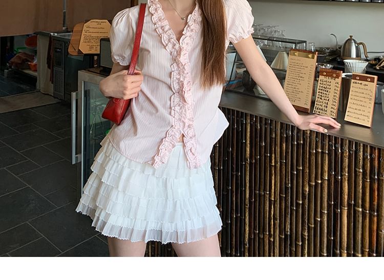 Short-Sleeve Frill Trim Striped Blouse