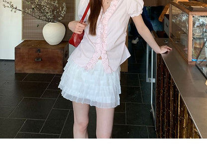 Short-Sleeve Frill Trim Striped Blouse