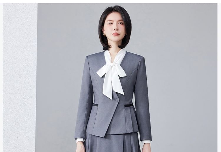 Tie-Neck Blouse, Asymmetric Blazer & Pleated Midi Skirt