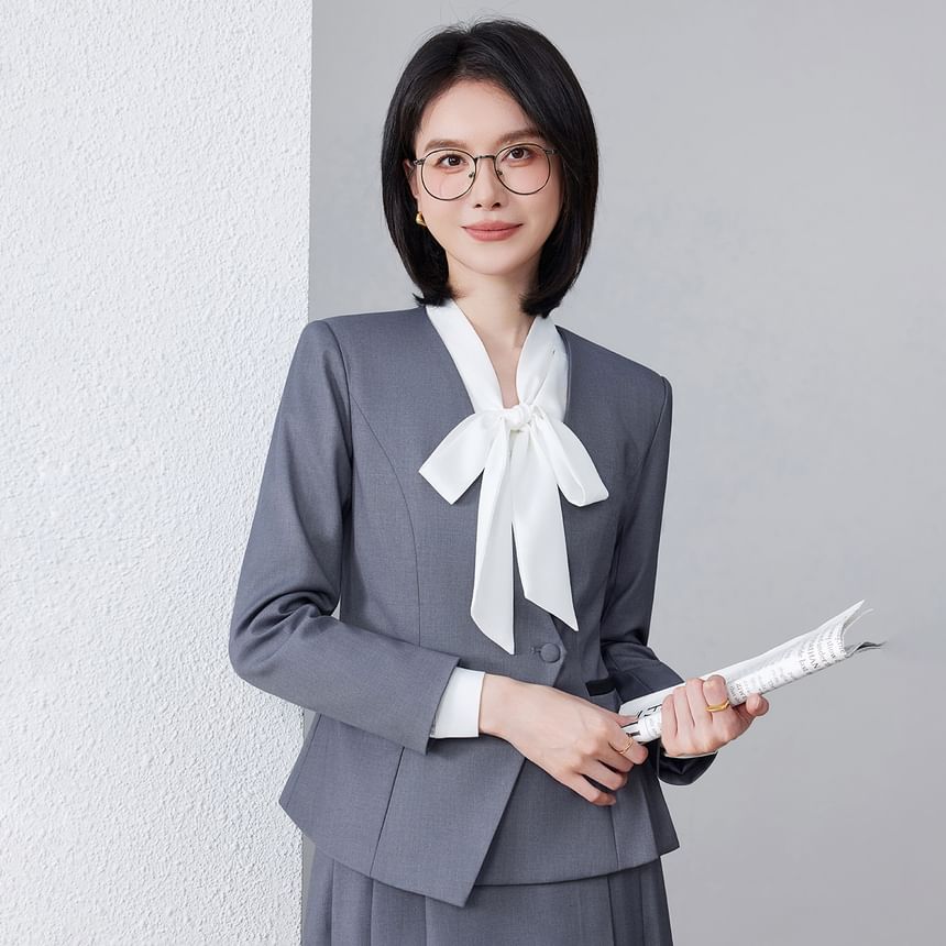 Tie-Neck Blouse, Asymmetric Blazer & Pleated Midi Skirt