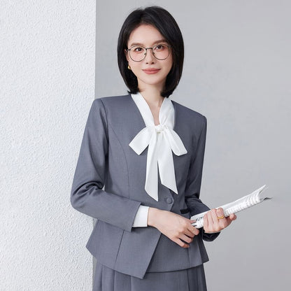 Tie-Neck Blouse, Asymmetric Blazer & Pleated Midi Skirt