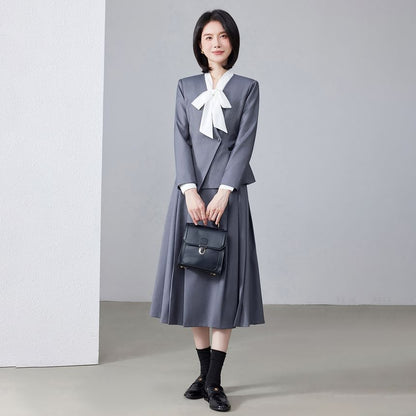 Tie-Neck Blouse, Asymmetric Blazer & High-Waisted Pleated Skirt Set