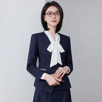 Tie-Neck Blouse, Asymmetric Blazer & High-Waisted Pleated Skirt Set