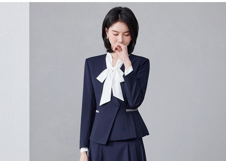 Tie-Neck Blouse, Asymmetric Blazer & High-Waisted Pleated Skirt Set
