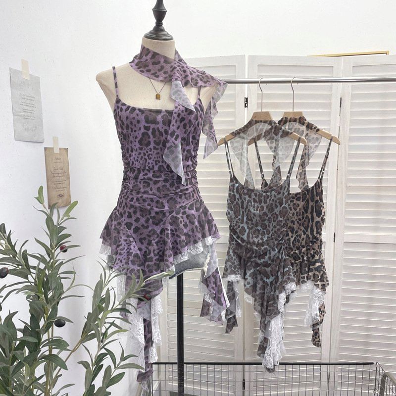 Leopard Print Asymmetrical Lace Camisole & Scarf Set