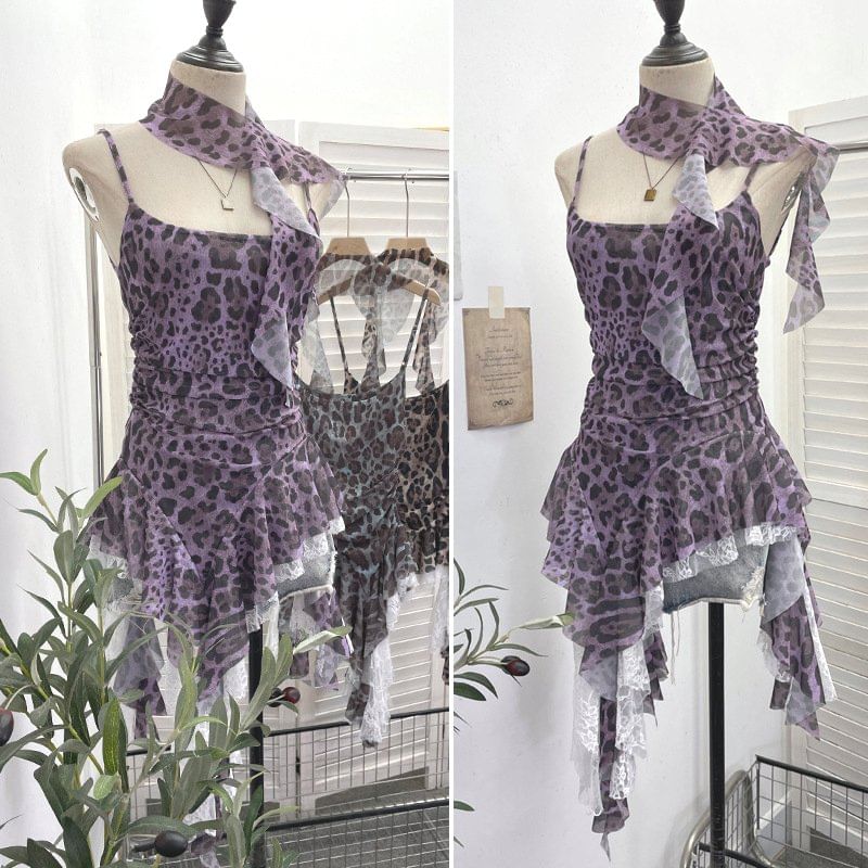 Leopard Print Asymmetrical Lace Camisole & Scarf Set