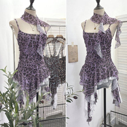 Leopard Print Asymmetrical Lace Camisole & Scarf Set