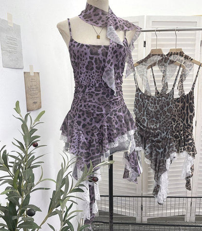 Leopard Print Asymmetrical Lace Camisole & Scarf Set