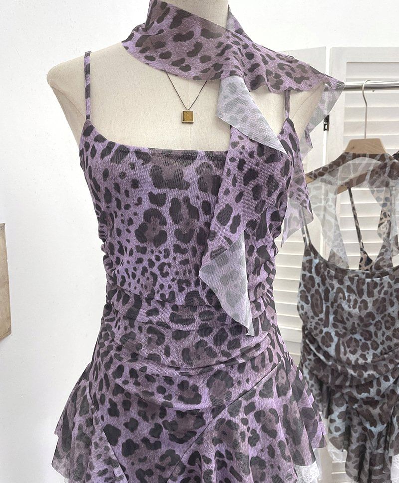 Leopard Print Asymmetrical Lace Camisole & Scarf Set