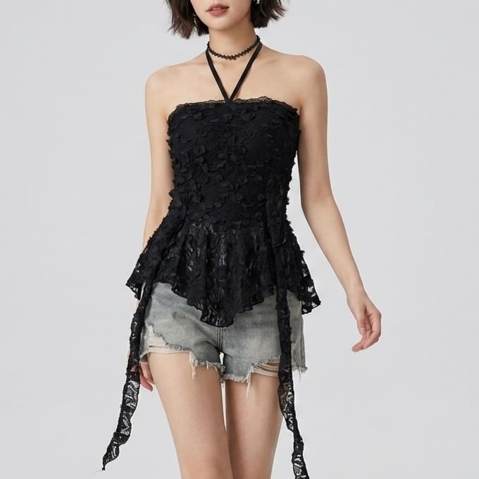 Halter Neck Asymmetrical Lace Crop Top