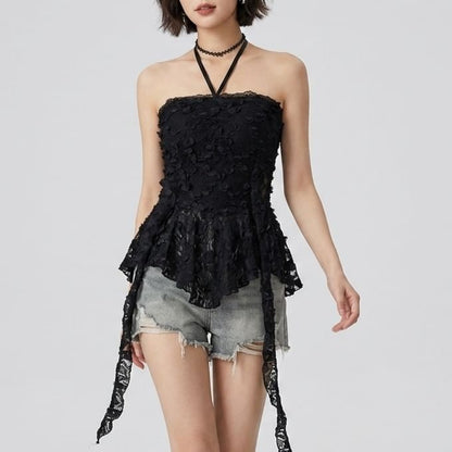 Halter Neck Asymmetrical Lace Crop Top