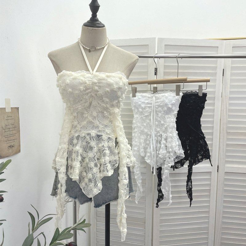 Halter Neck Asymmetrical Lace Crop Top