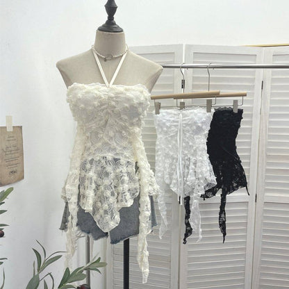 Halter Neck Asymmetrical Lace Crop Top