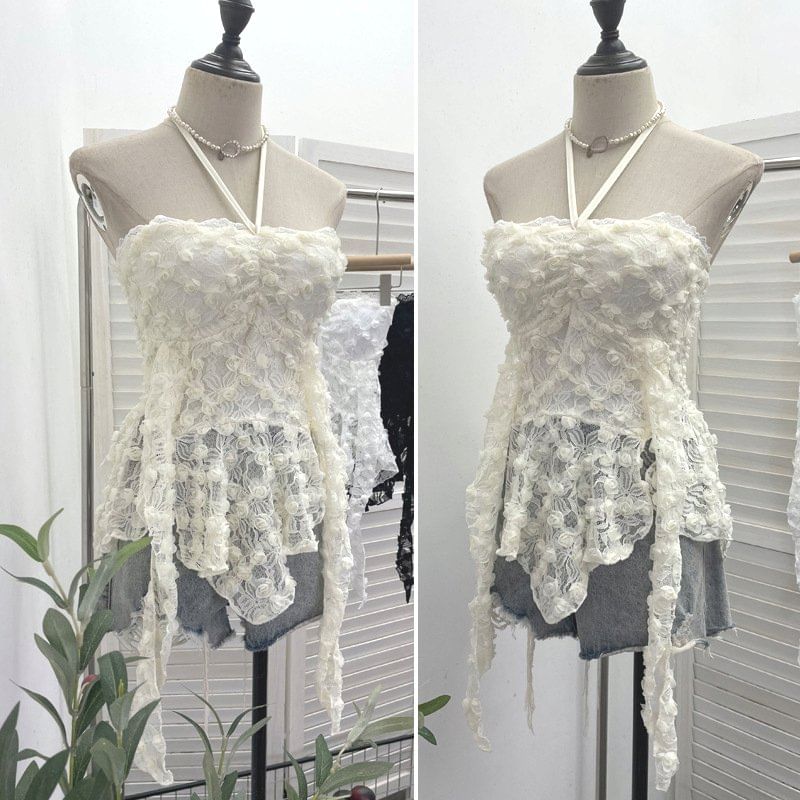 Halter Neck Asymmetrical Lace Crop Top