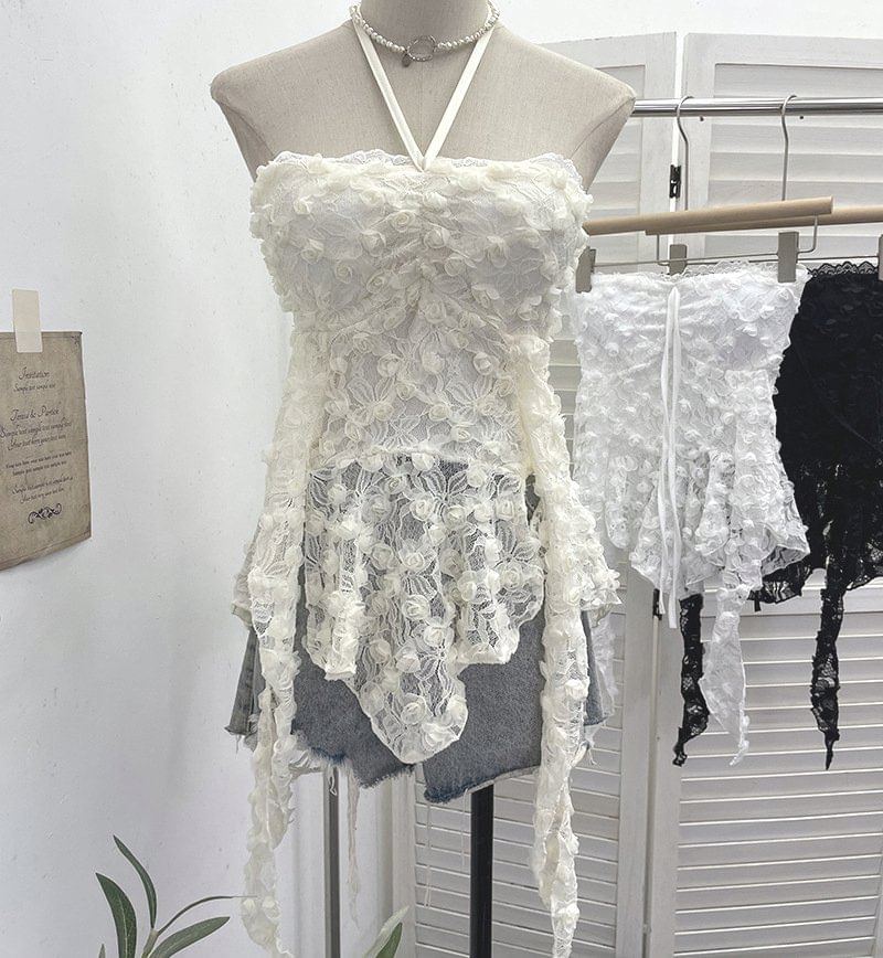 Halter Neck Asymmetrical Lace Crop Top