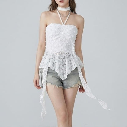 Halter Neck Asymmetrical Lace Crop Top
