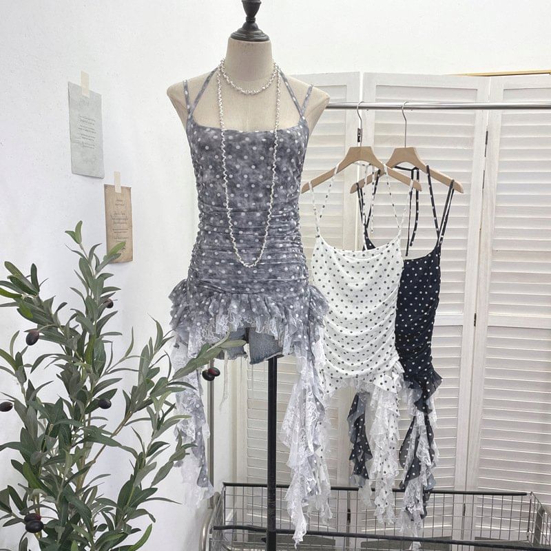 Polka Dot Asymmetrical Lace Panel Camisole