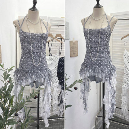 Polka Dot Asymmetrical Lace Panel Camisole
