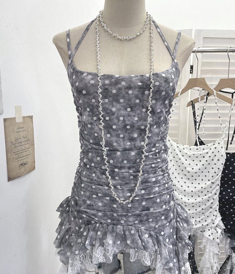 Polka Dot Asymmetrical Lace Panel Camisole