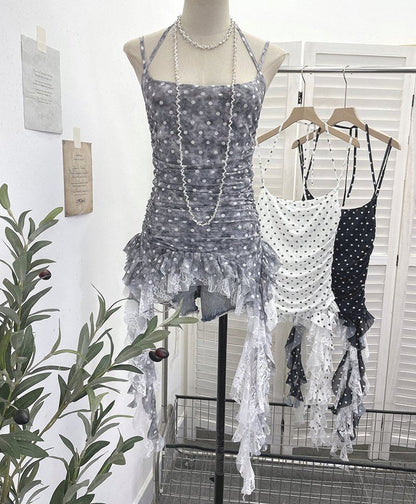 Polka Dot Asymmetrical Lace Panel Camisole