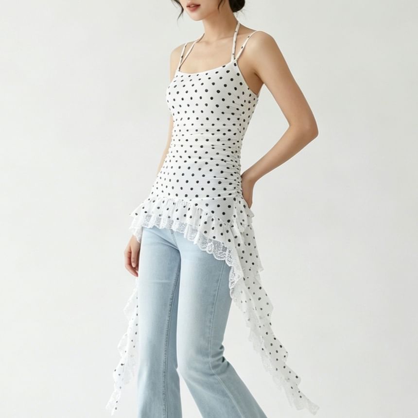 Polka Dot Asymmetrical Lace Panel Camisole