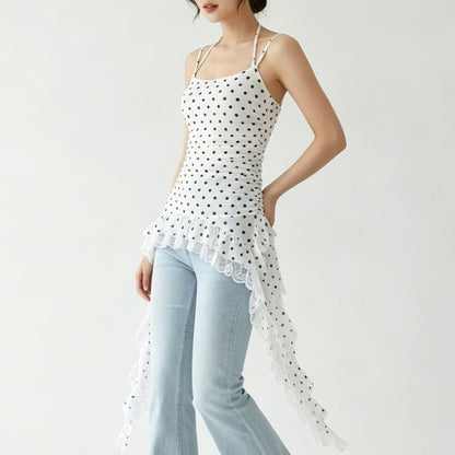 Polka Dot Asymmetrical Lace Panel Camisole