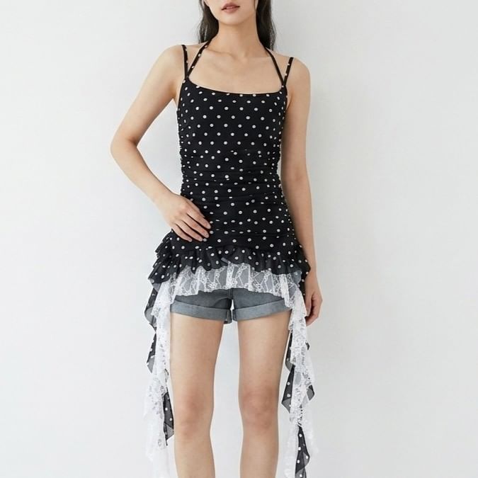 Polka Dot Asymmetrical Lace Panel Camisole