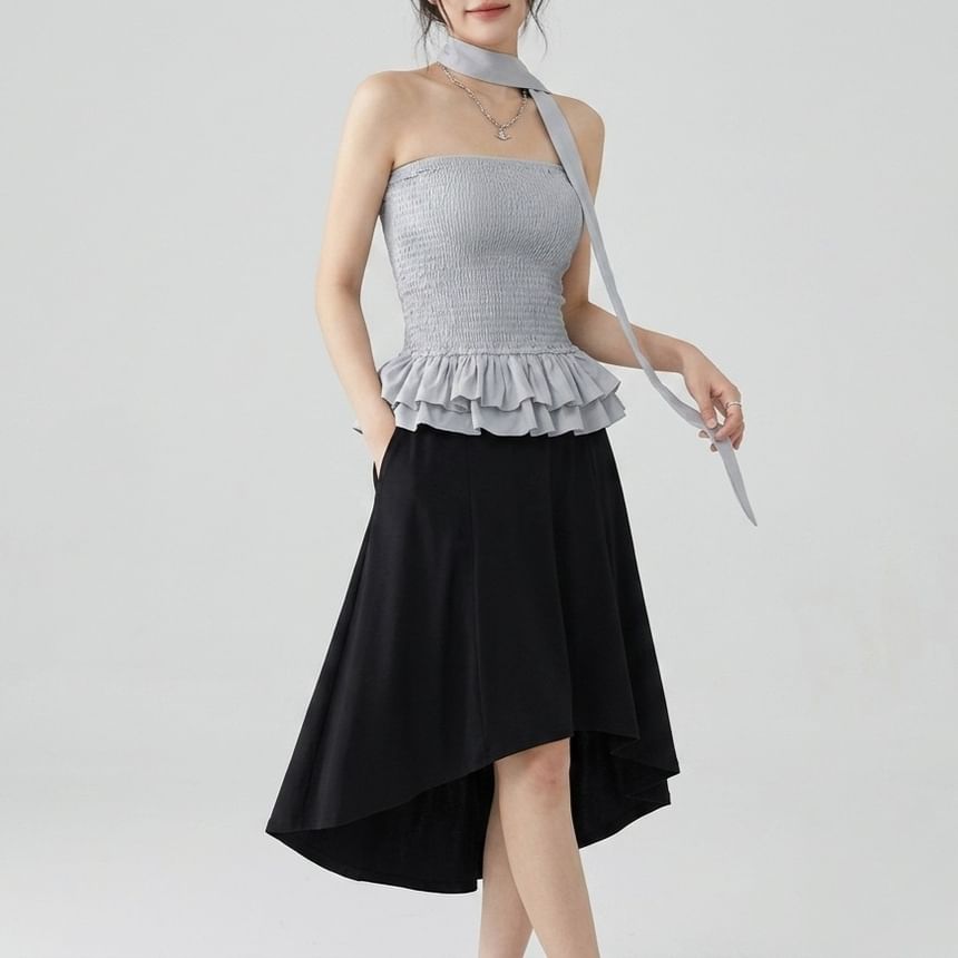 Smocked Ruffle Hem Crop Tube Top & Scarf Set