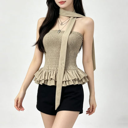 Smocked Ruffle Hem Crop Tube Top & Scarf Set