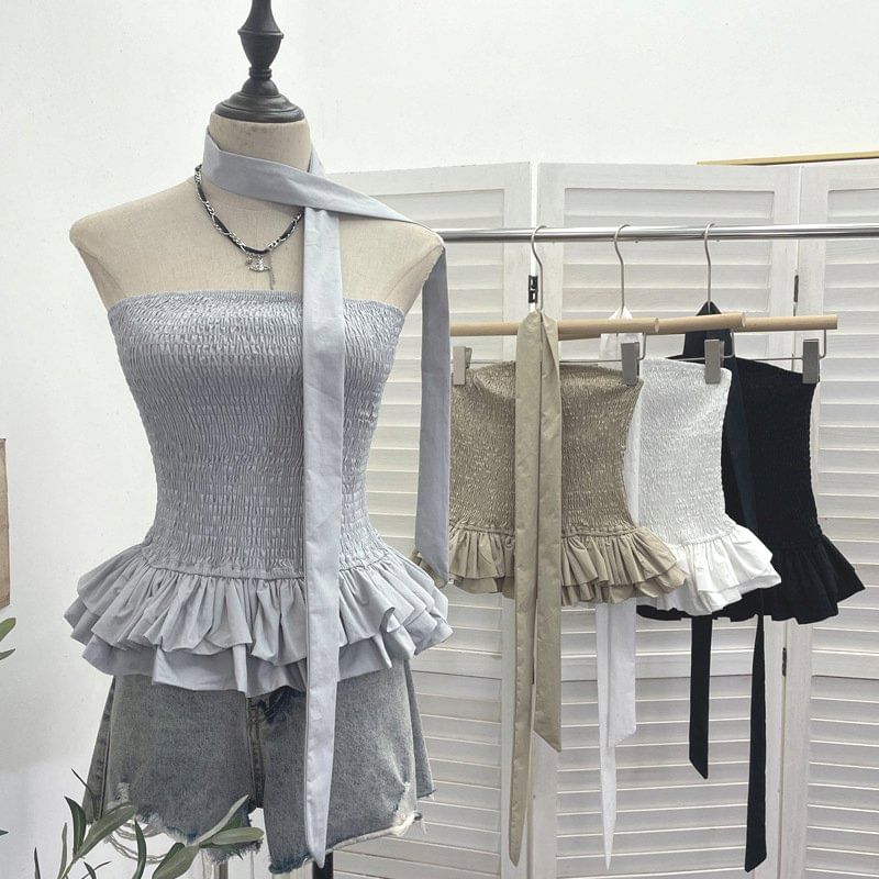 Smocked Ruffle Hem Crop Tube Top & Scarf Set