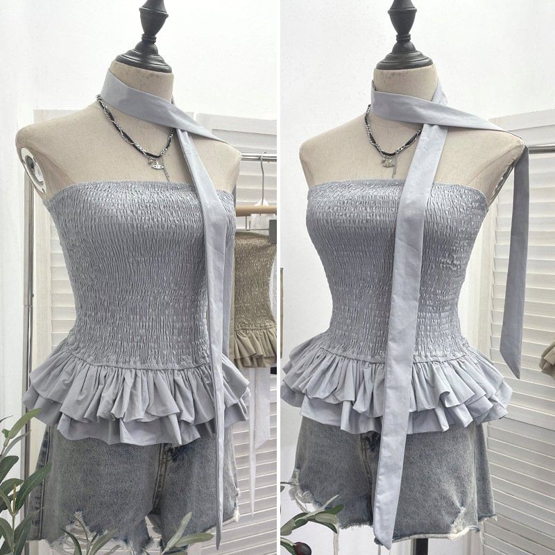 Smocked Ruffle Hem Crop Tube Top & Scarf Set