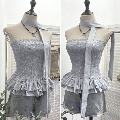 Smocked Ruffle Hem Crop Tube Top & Scarf Set