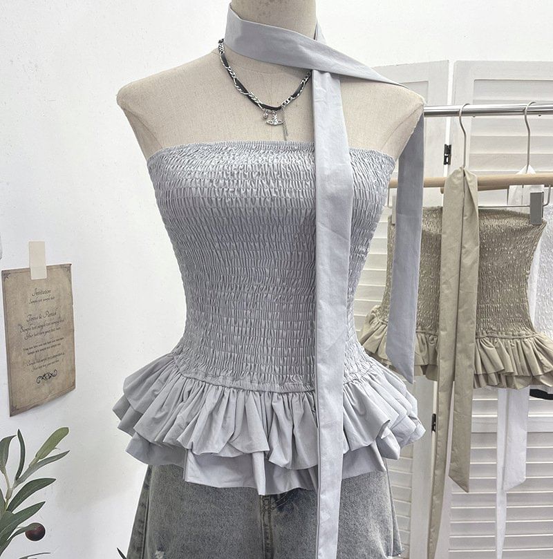 Smocked Ruffle Hem Crop Tube Top & Scarf Set