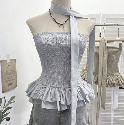 Smocked Ruffle Hem Crop Tube Top & Scarf Set