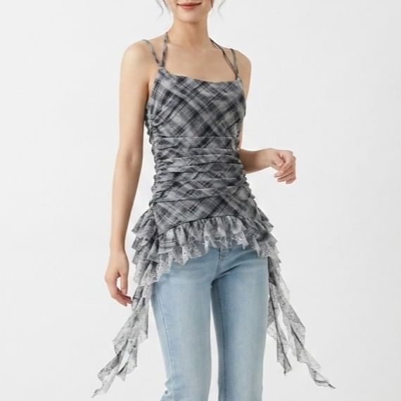 Plaid Asymmetrical Lace Panel Camisole