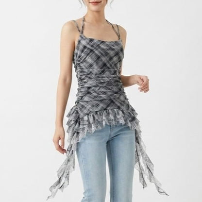 Plaid Asymmetrical Lace Panel Camisole