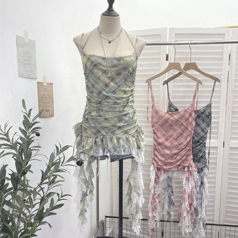 Plaid Asymmetrical Lace Panel Camisole