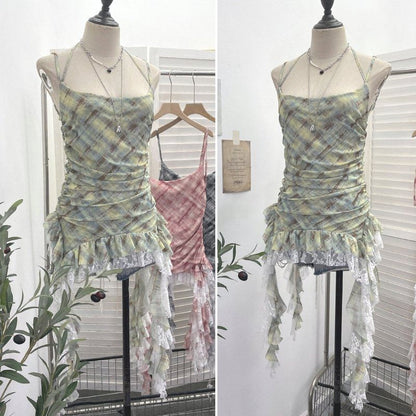 Plaid Asymmetrical Lace Panel Camisole